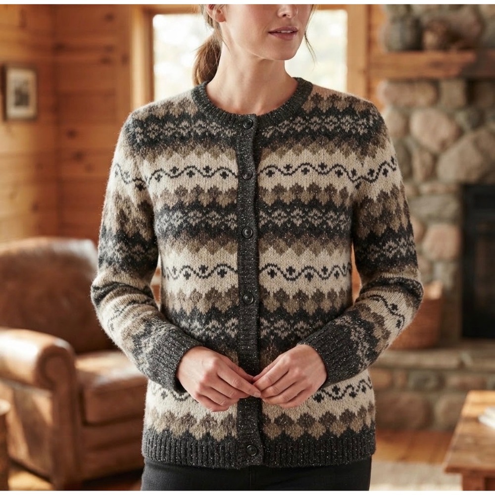 Vintage Croft & Barrow Cardigan Women L Brown Fair Isle Knit Sweater Wool Blend